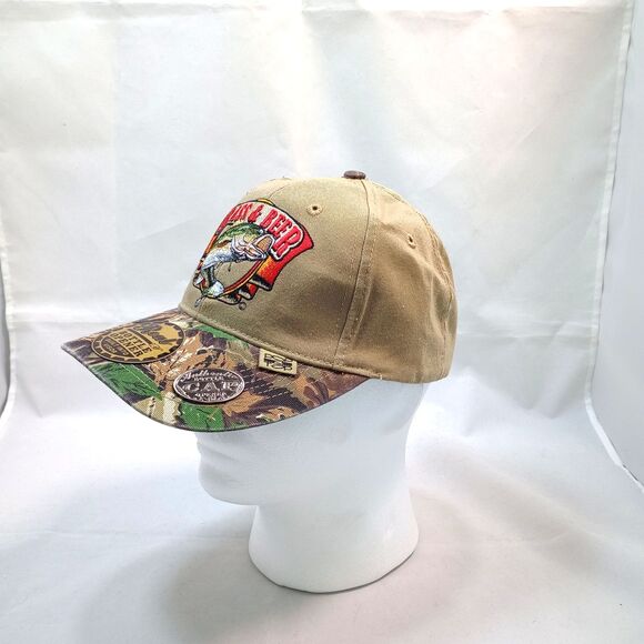 Bass & Beer Camo Snapback Hat Fishing Cap w/Bottle Opener Brim 6 Panel - Picture 1 of 6